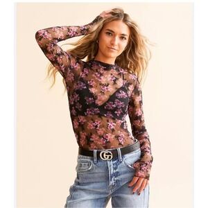 Free People Lady Lux Layering Top XS New Black Pink Mesh Sheer Bodycon NWT Trend